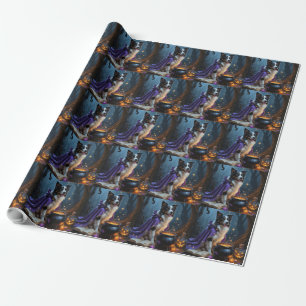 Border Collie Dog Whimsical Halloween Painting Wrapping Paper