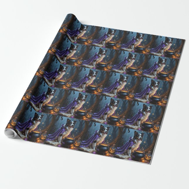 Border Collie Dog Whimsical Halloween Painting Wrapping Paper (Unrolled)