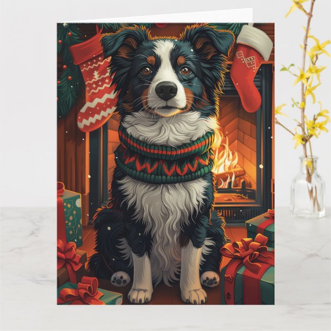 Border Collie  Dog with Christmas Gifts Fireplace Card (Yellow Flower)