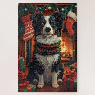 Border Collie Dog with Christmas Gifts Fireplace Jigsaw Puzzle