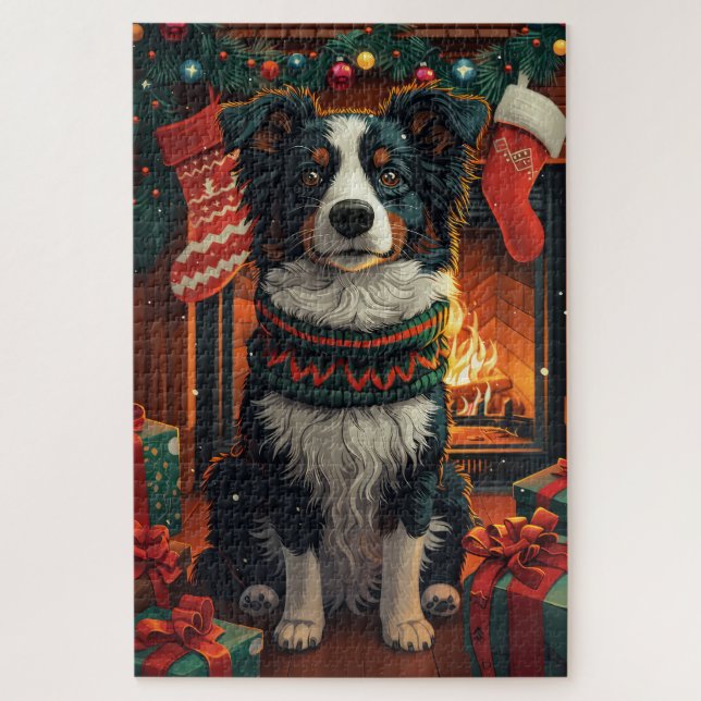 Border Collie  Dog with Christmas Gifts Fireplace Jigsaw Puzzle (Vertical)