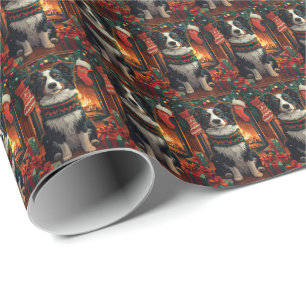 Border Collie Dog with Christmas Gifts Fireplace Wrapping Paper