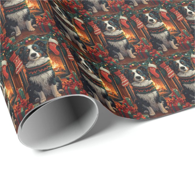 Border Collie  Dog with Christmas Gifts Fireplace Wrapping Paper (Roll Corner)