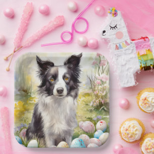 Border Collie Dog with Easter Eggs Holiday  Paper Plate