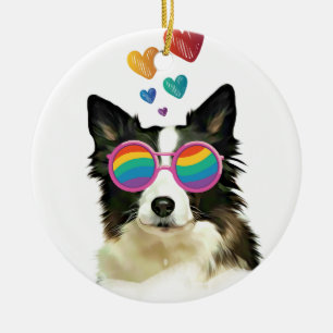 Border Collie Dog with Hearts Valentine's Day Ceramic Ornament