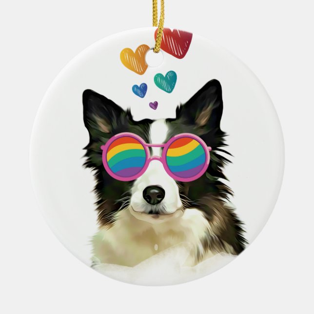 Border Collie  Dog with Hearts Valentine's Day  Ceramic Ornament (Front)