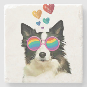 Border Collie  Dog with Hearts Valentine's Day  Stone Coaster
