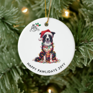 Border Collie Dog Wrapped In Christmas Light Ceramic Ornament