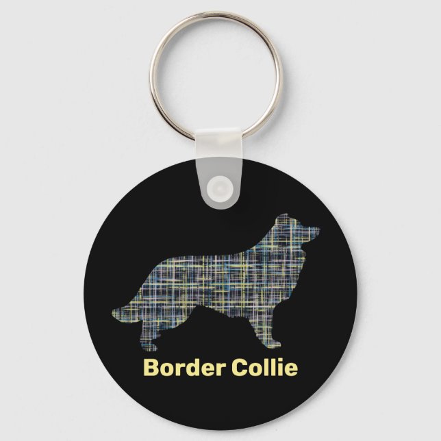 Border Collie Dog Yellow & Black Grid Line Key Ring (Front)