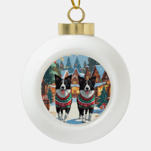 Border Collie Dogs Christmas Snow Holiday Ceramic Ball Christmas Ornament