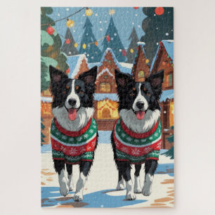 Border Collie Dogs Christmas Snow Holiday Jigsaw Puzzle