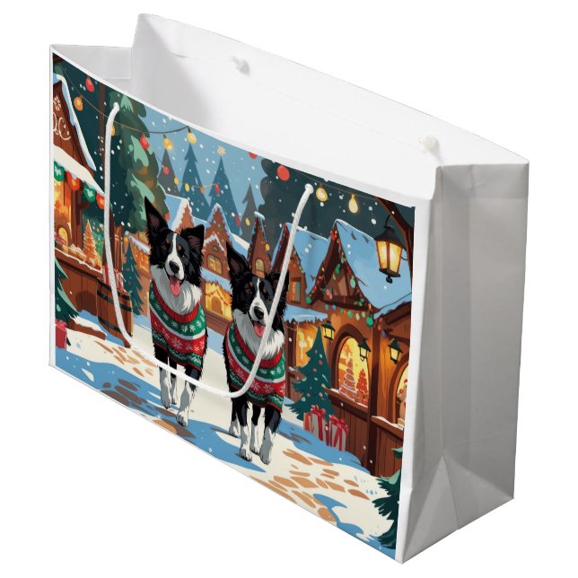Border Collie Dogs Christmas Snow Holiday Large Gift Bag (Front Angled)