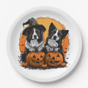 Border Collie Dogs Halloween Jack O Lanterns Paper Plate