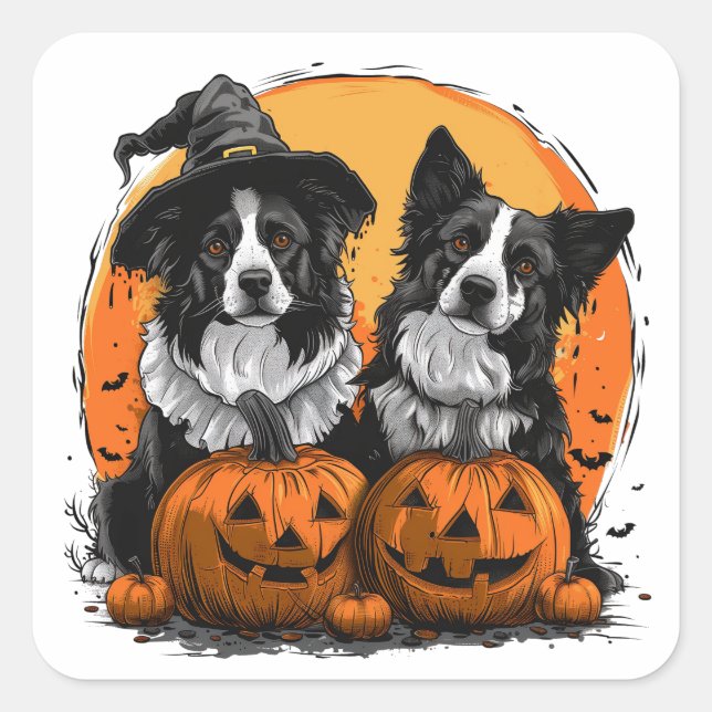 Border Collie Dogs Halloween Jack O Lanterns Square Sticker (Front)