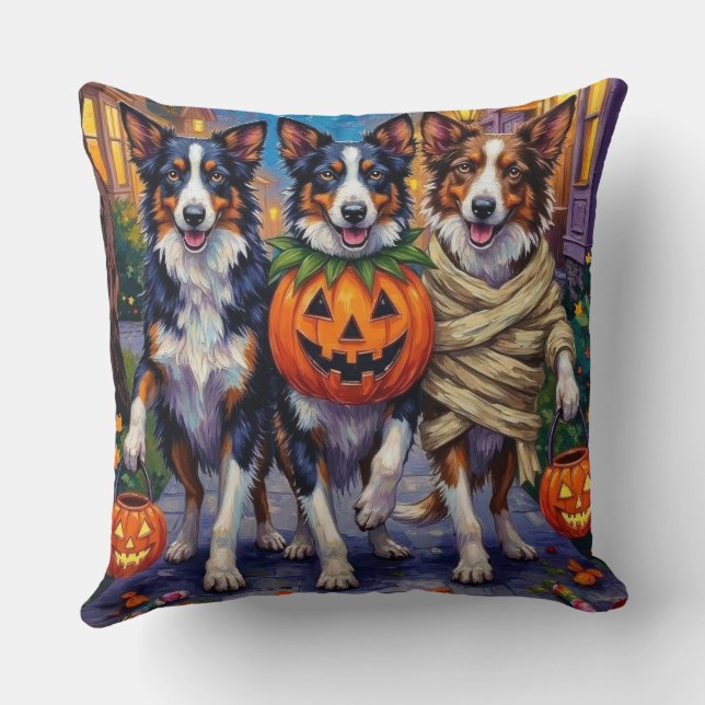 Border Collie Dogs Trick-or-Treating in Halloween  Cushion (Back)