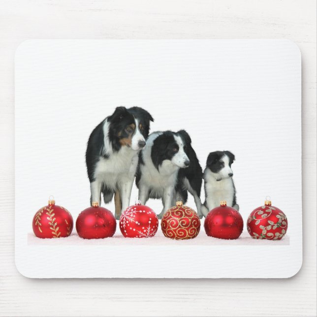 Border Collie Dogs with Red Christmas Ornaments Mouse Pad (Front)