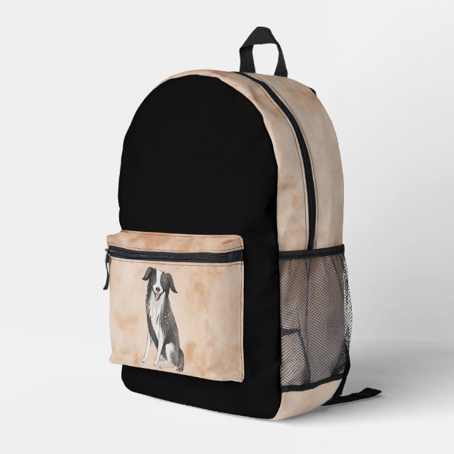 Border Collie Drawing Watercolor Pattern Printed Backpack (Back Corner Right)