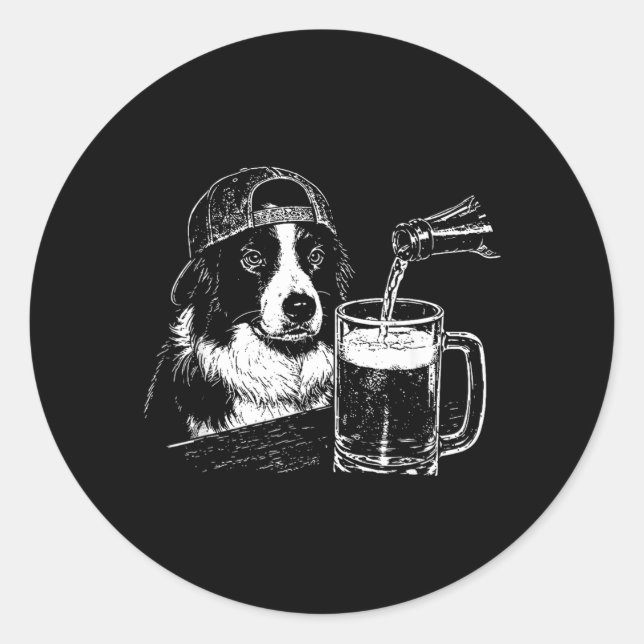 Border Collie Drinking Beer Funny Dog Meme Classic Round Sticker (Front)