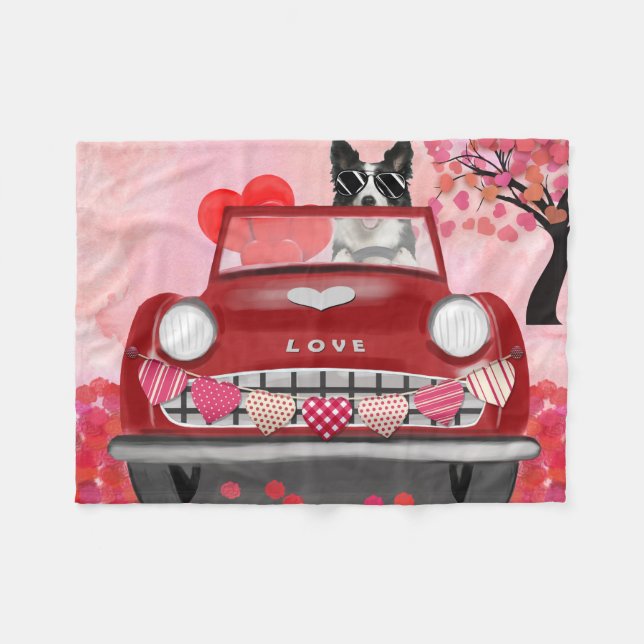 Border Collie Driving Car with Hearts Valentine's  Fleece Blanket (Front (Horizontal))