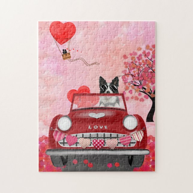 Border Collie Driving Car with Hearts Valentine's  Jigsaw Puzzle (Vertical)