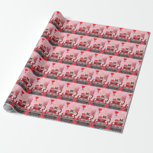 Border Collie Driving Car with Hearts Valentine's Wrapping Paper
