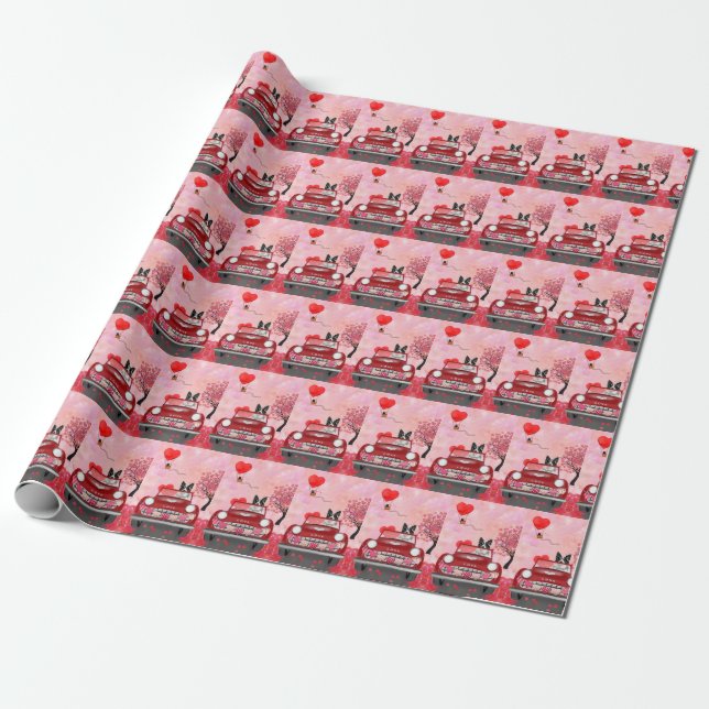 Border Collie Driving Car with Hearts Valentine's  Wrapping Paper (Unrolled)