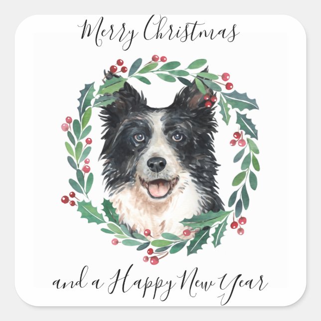 Border Collie Elegant Dog Merry Christmas Square Sticker (Front)