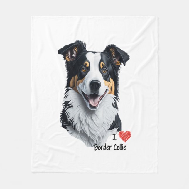 Border Collie face (with I Love text) Fleece Blanket (Front)
