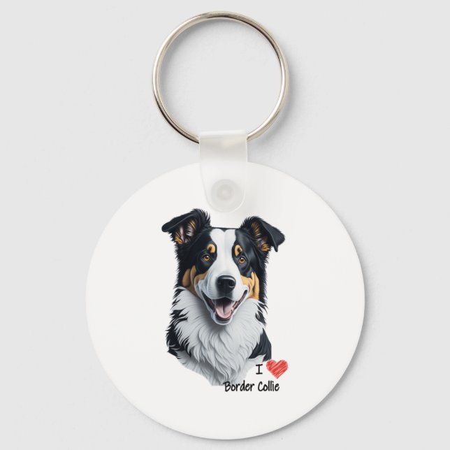 Border Collie face (with I Love text) Key Ring (Front)