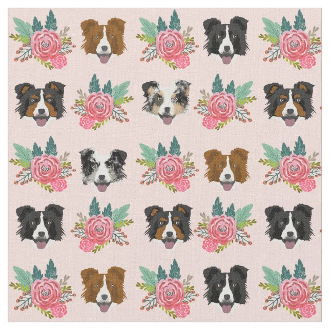 Border Collie faces pink florals Fabric (Close Up)