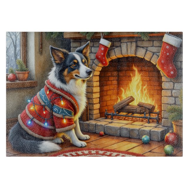 Border Collie Fireplace with Christmas Lights Cutting Board (Front)