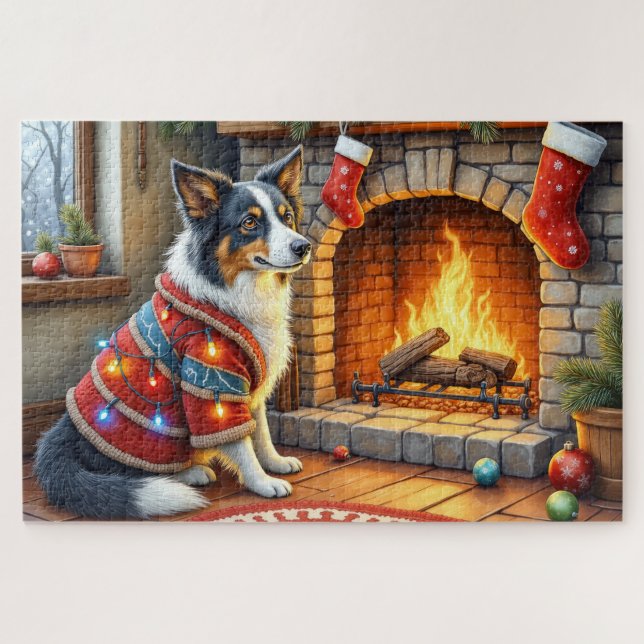 Border Collie Fireplace with Christmas Lights Jigsaw Puzzle (Horizontal)