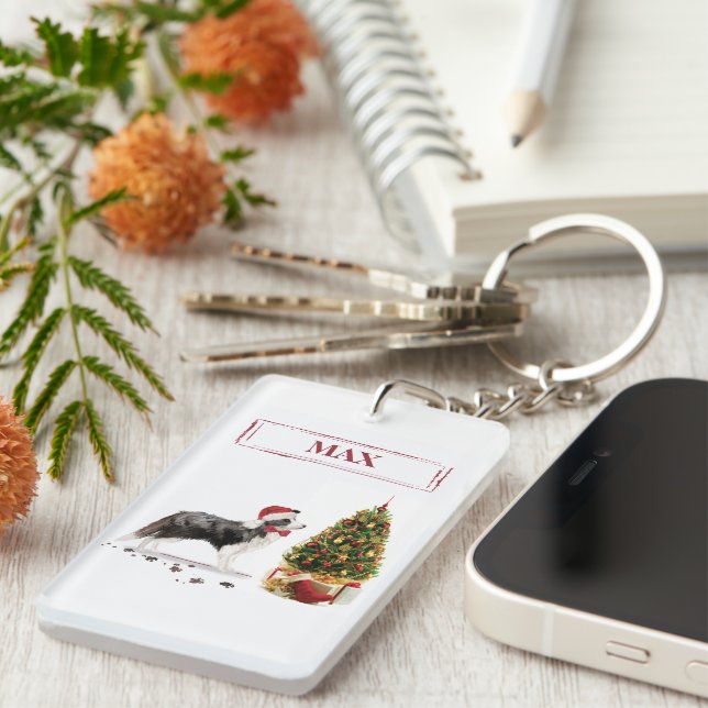 Border Collie Funny Christmas Dog with Tree Key Ring (Front Right)