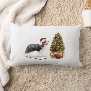 Border Collie Funny Christmas Dog with Tree Lumbar Cushion