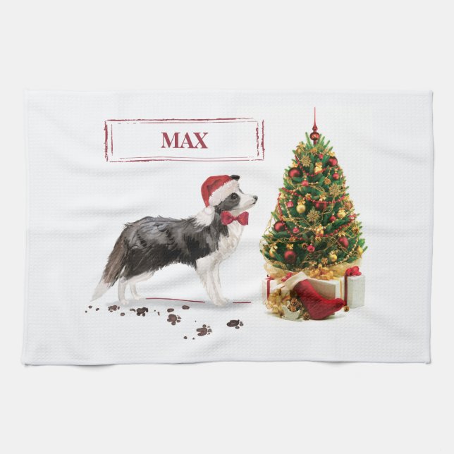 Border Collie Funny Christmas Dog with Tree Tea Towel (Horizontal)