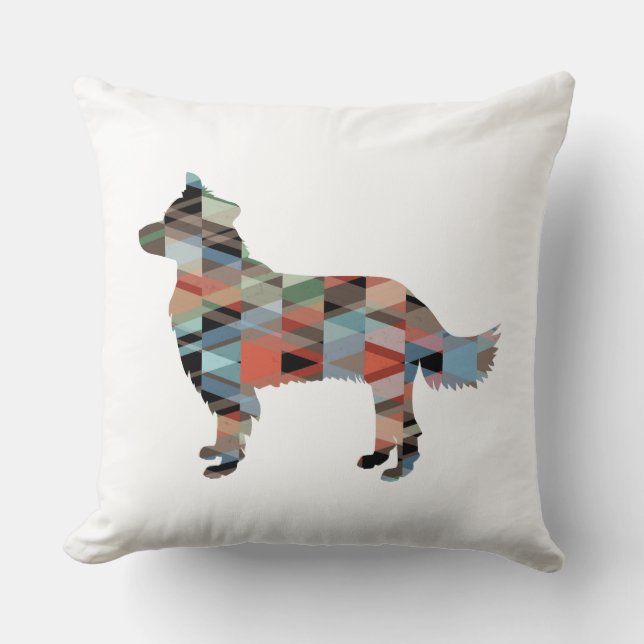Border Collie Geometric Silhouette Plaid Cushion (Front)