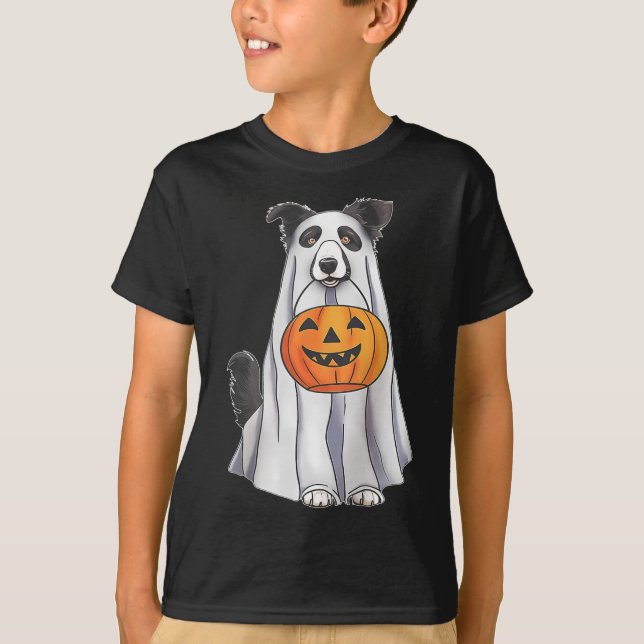 Border Collie Ghost Pumpkin Halloween Costume Fall T-Shirt (Front)