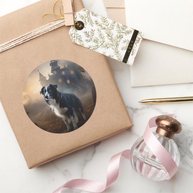 Border Collie Halloween Scary  Classic Round Sticker (Gifting)