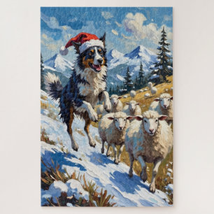Border Collie Herding Christmas Snowballs Hat Jigsaw Puzzle