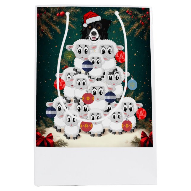 Border Collie Herding Christmas Tree Medium Gift Bag (Front)