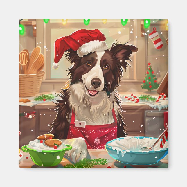Border Collie Holiday Baking: Festive Christmas Magnet (Front)