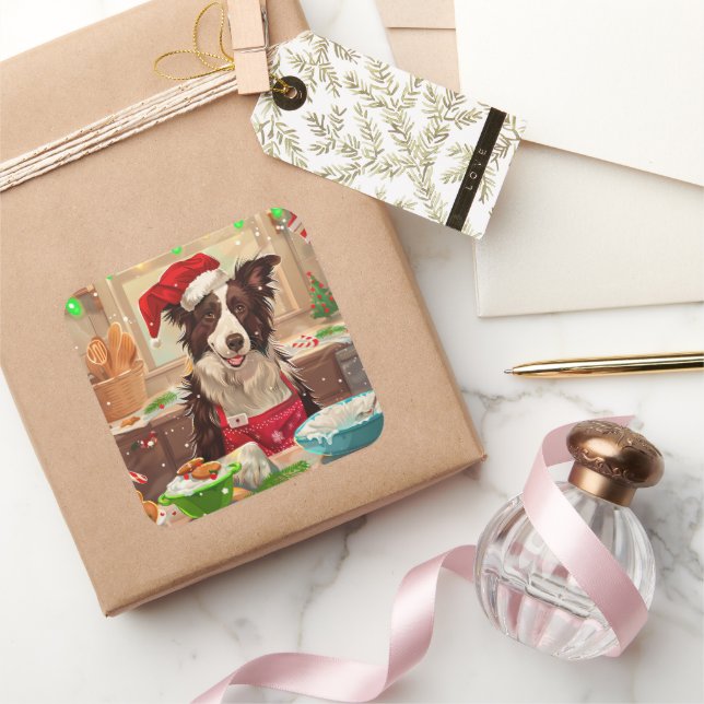 Border Collie Holiday Baking: Festive Christmas Square Sticker (Gifting)