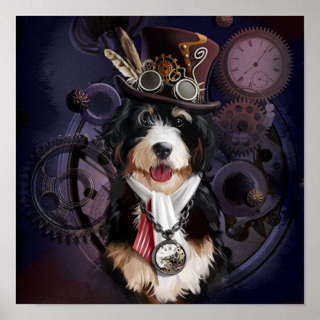 Border collie in a steampunk costume. Watercolour  Poster (Front)
