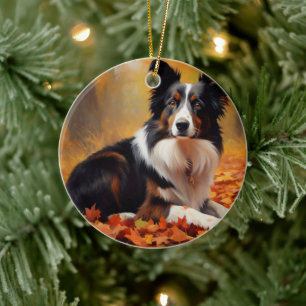Border Collie in Autumn Leaves Fall Inspire Ceramic Ornament