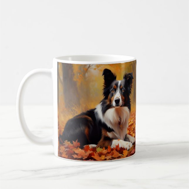 Border Collie  in Autumn Leaves Fall Inspire  Coffee Mug (Left)