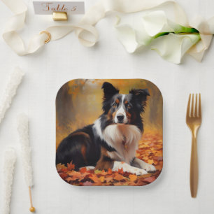 Border Collie  in Autumn Leaves Fall Inspire  Paper Plate