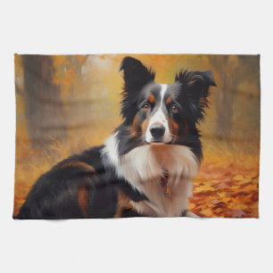 Border Collie in Autumn Leaves Fall Inspire Tea Towel