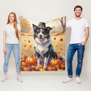 Border Collie In Autumn Leaves Thanksgiving Art Fleece Blanket