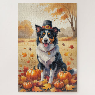 Border Collie In Autumn Leaves Thanksgiving Art Jigsaw Puzzle