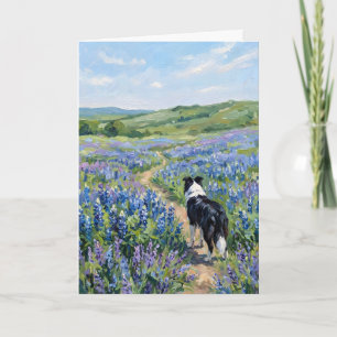 Border Collie in Purple Flowers Blank Card